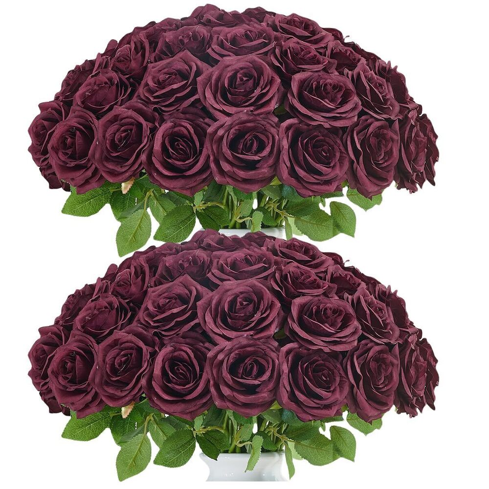 9270 50pcs Roses Artificial Flowers Bulk,Burgundy Roses Silk Flower